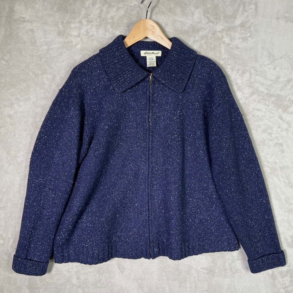 Vintage Eddie Bauer Sweater XL Wool & Silk Full Zip Womens Knit Blue 90s
